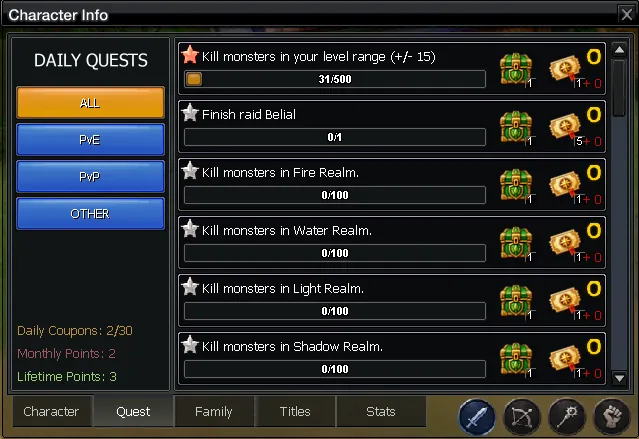 Daily Quests tab in Character Info