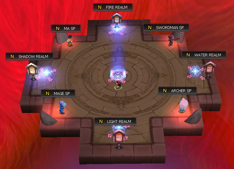 Realms hub with Fire, Water, Light, and Shadow portals