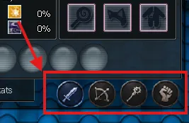 Character panel with the four class icons highlighted